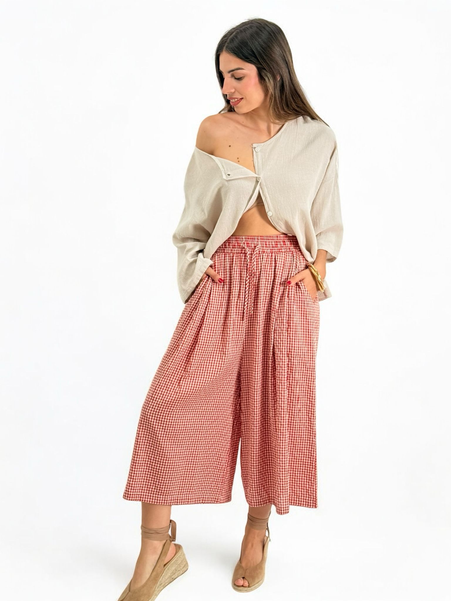 Pantalón vichy ancho lateral