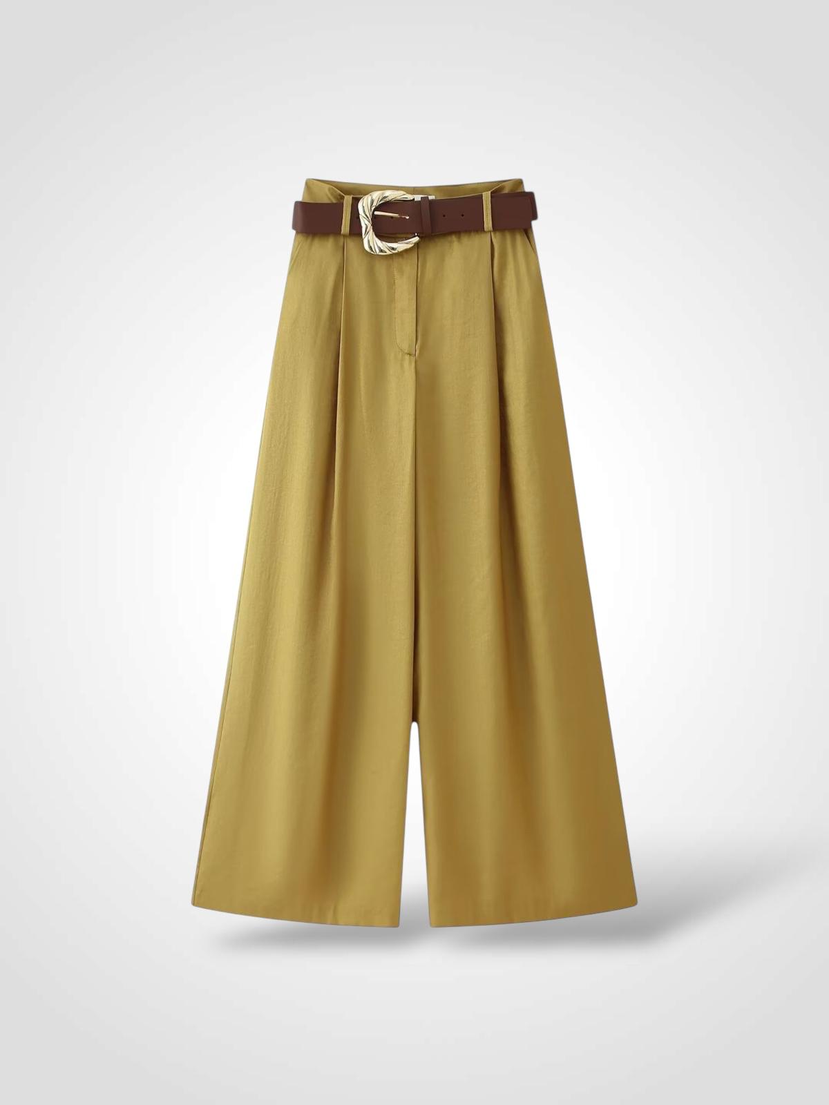 Pantalón palazzo satinado mostaza detalle cinturón