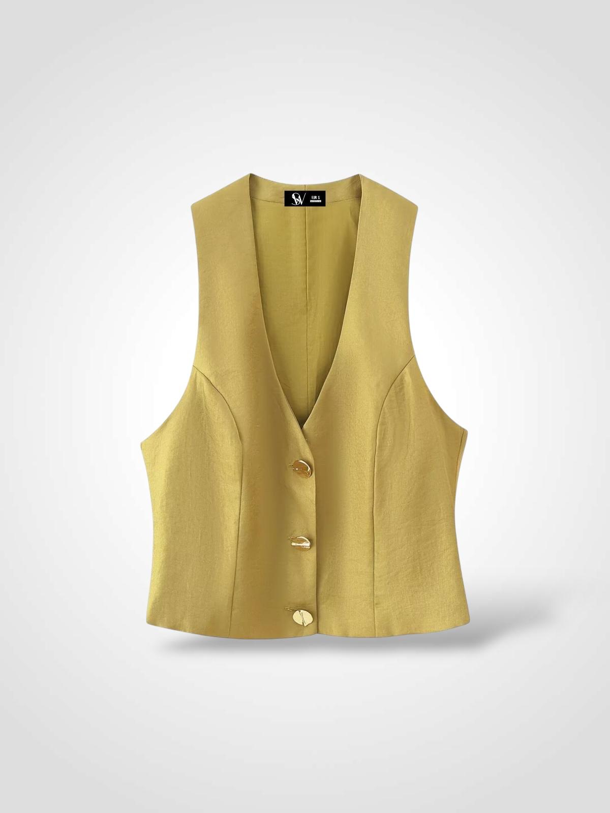 Chaleco satinado mostaza con botones dorados frontal